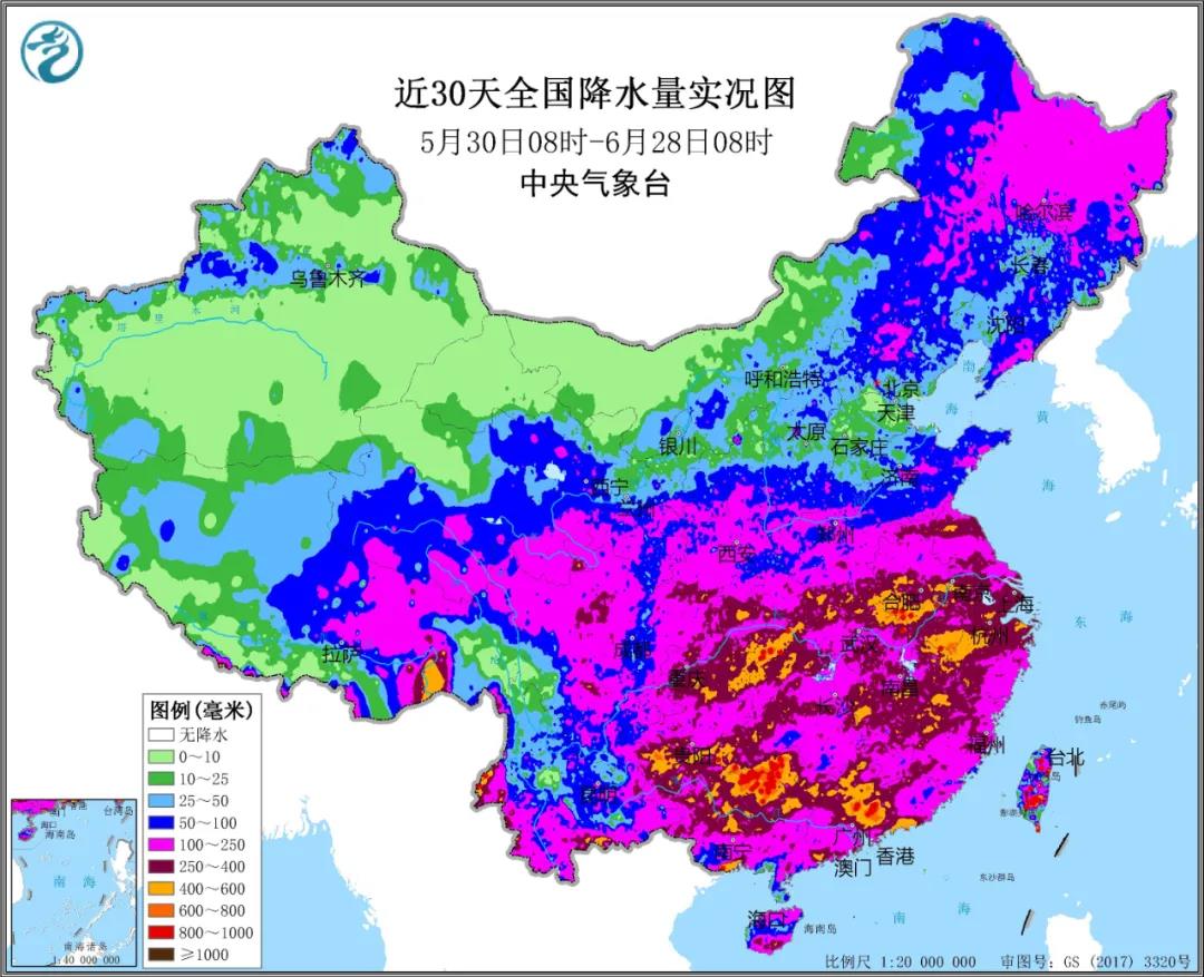 ▲圖為近30天全國降水實(shí)況圖。來源：中央氣象臺