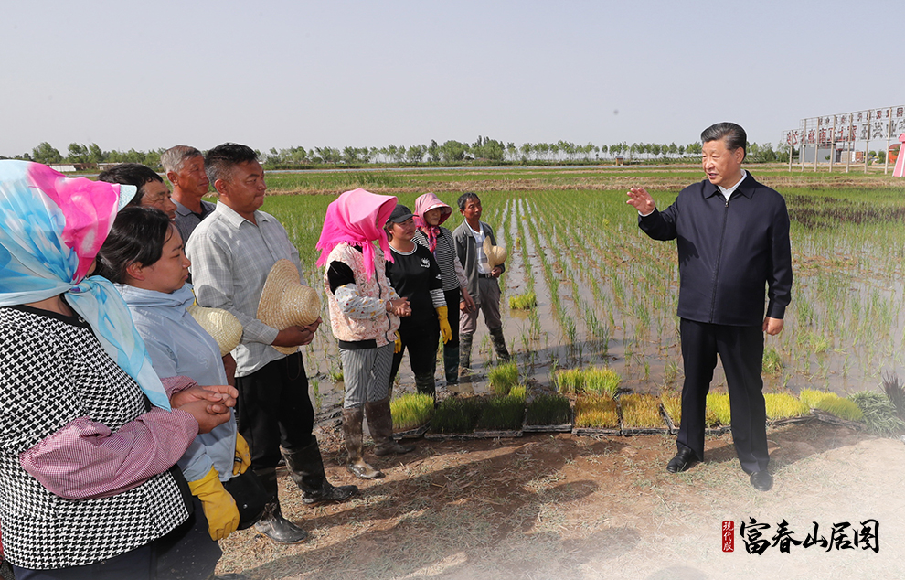 2020年6月9日，習近平在寧夏回族自治區(qū)銀川市賀蘭縣稻漁空間鄉(xiāng)村生態(tài)觀光園，同正在勞作的村民親切交談。
