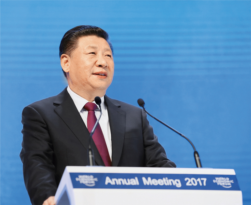 2017年1月17日，習近平主席在瑞士達沃斯國際會議中心出席世界經濟論壇2017年年會開幕式，并發(fā)表題為《共擔時代責任 共促全球發(fā)展》的主旨演講。