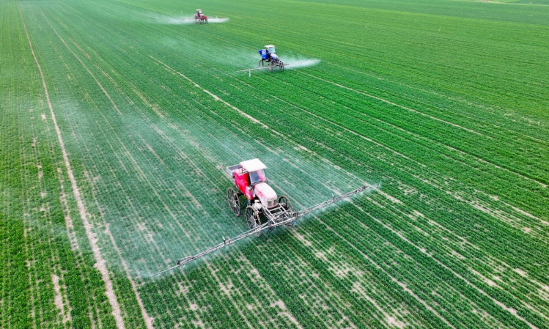 2024年2月18日，安徽省亳州市，利辛縣紀王場鄉(xiāng)孫老家村麥田，農民駕駛自走式高桿噴霧機對小麥進行噴藥作業(yè)。